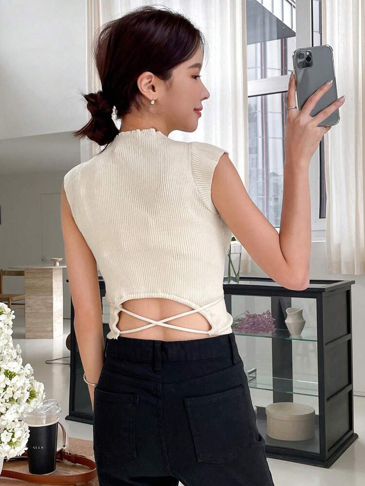 Solid Tie Front Ribbed Knit Sweater Vest