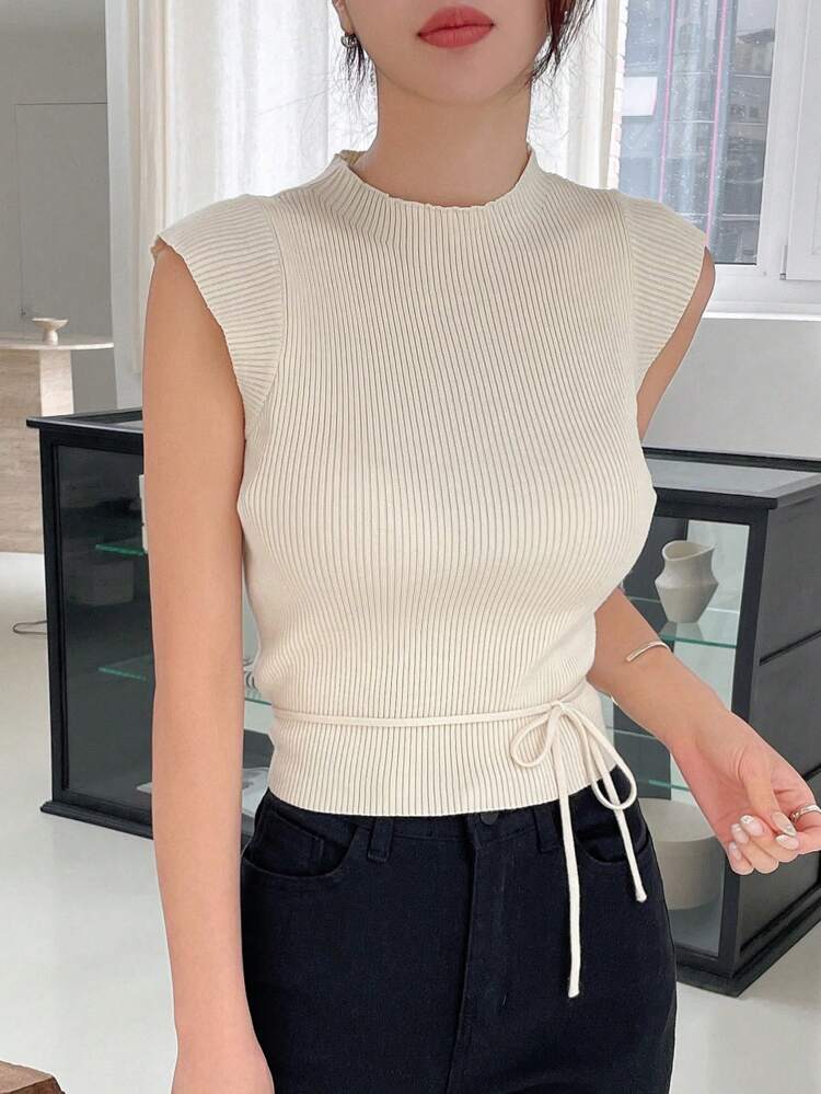 Solid Tie Front Ribbed Knit Sweater Vest