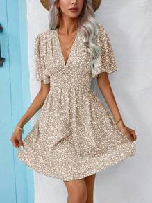 Breezaya Ditsy Floral Print Butterfly Sleeve Dress Vacation Beach Outfits Women - Apricot - View 4