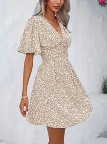 Breezaya Ditsy Floral Print Butterfly Sleeve Dress Vacation Beach Outfits Women - Apricot - View 5