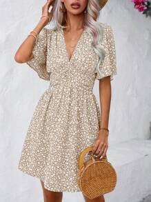 Breezaya Ditsy Floral Print Butterfly Sleeve Dress Vacation Beach Outfits Women - Apricot - View 7