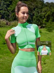 Easithlete Colourblock Zip Up Crop Sports Jacket - Green - View 1