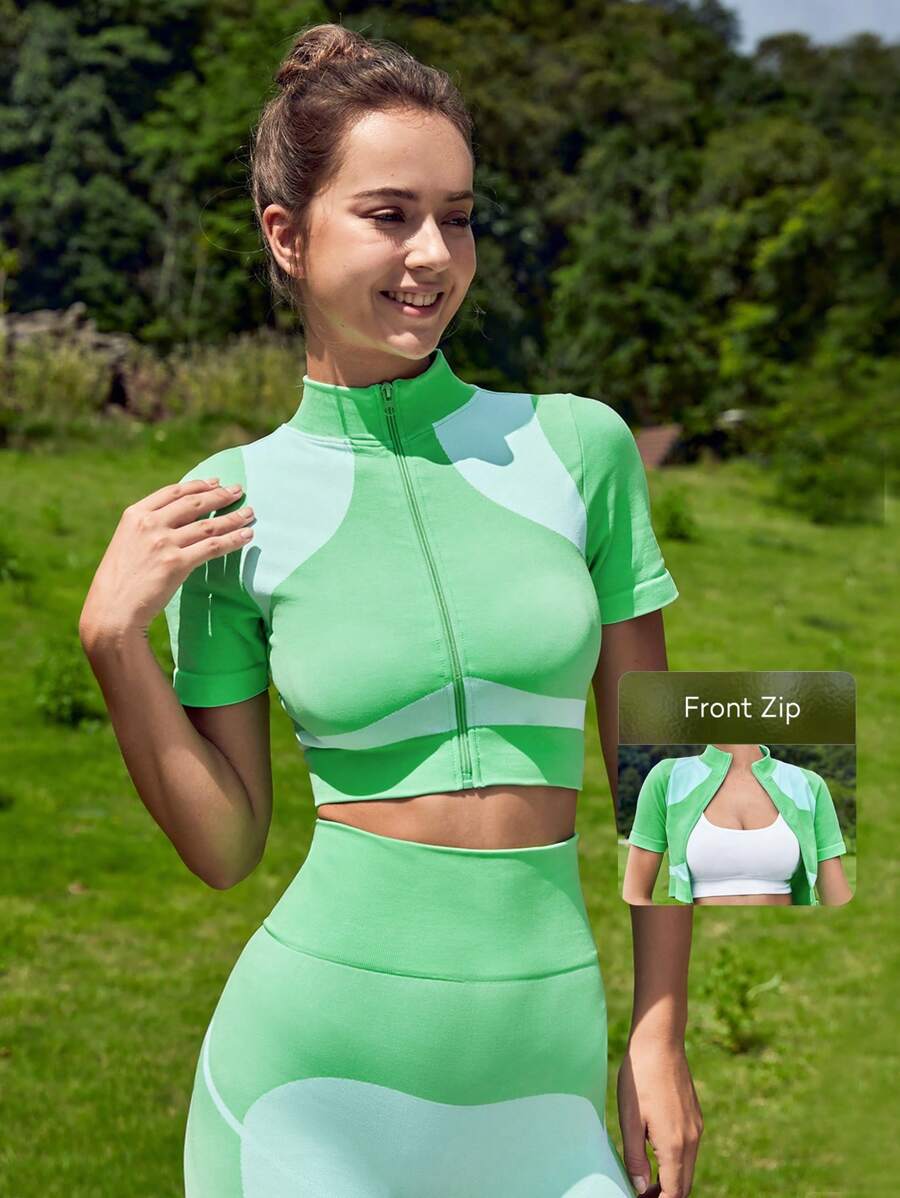 Easithlete Colourblock Zip Up Crop Sports Jacket - Green - View 1
