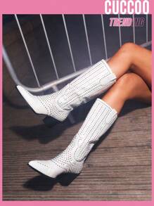 女士水鑽裝飾尖頭粗跟時尚靴子,魅力四射銀西部牛仔靴