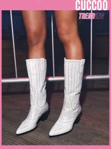 女士水鑽裝飾尖頭粗跟時尚靴子,魅力四射銀西部牛仔靴