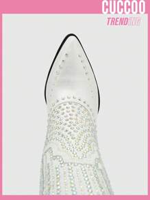 女士水鑽裝飾尖頭粗跟時尚靴子,魅力四射銀西部牛仔靴