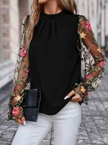 Editum Floral Embroidery Mesh Flounce Sleeve Mock Neck Blouse