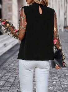 Editum Floral Embroidery Mesh Flounce Sleeve Mock Neck Blouse