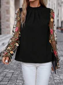 Editum Floral Embroidery Mesh Flounce Sleeve Mock Neck Blouse