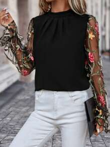 Editum Floral Embroidery Mesh Flounce Sleeve Mock Neck Blouse