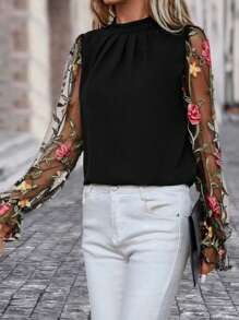 Editum Floral Embroidery Mesh Flounce Sleeve Mock Neck Blouse