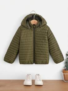 RueChic Young Boy Zip Up Hooded Puffer Coat - Army Green - View 1