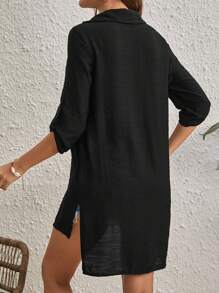 SHEIN VCAY 素色前紐扣和服罩衫不附胸罩 - 黑色 - 查看 2