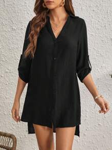 SHEIN VCAY 素色前紐扣和服罩衫不附胸罩 - 黑色 - 查看 5