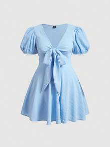 SHEIN MOD Plus Tie Front Puff Sleeve Dress,Graduation Dress,Birthday Dresses For Women