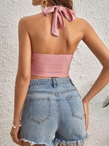 SHEIN VCAY Viền rìa Ca-vát Backless Áo hai dây - Bụi hồng - Xem 2