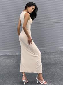 Flirla Vestido largo con abertura en el muslo y drapeado en la parte sólida para mujer
