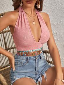 SHEIN VCAY Viền rìa Ca-vát Backless Áo hai dây - Bụi hồng - Xem 6
