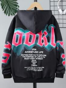 SHEIN Explorewe Thiếu niên cô gái Đồ họa Khẩu hiệu Thả vai Áo nỉ có mũ - màu đen - Xem 1