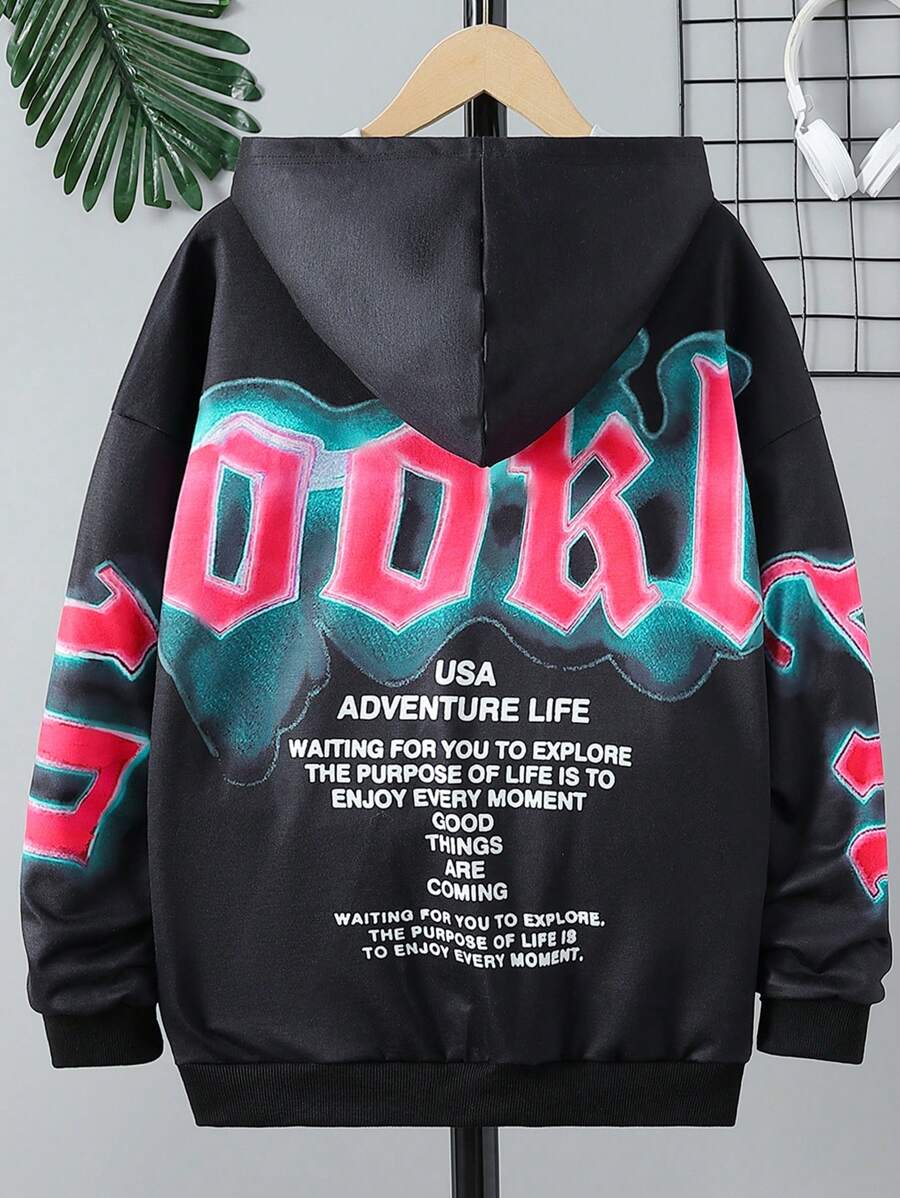 SHEIN Explorewe Thiếu niên cô gái Đồ họa Khẩu hiệu Thả vai Áo nỉ có mũ - màu đen - Xem 1