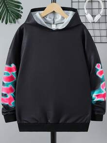 SHEIN Explorewe Thiếu niên cô gái Đồ họa Khẩu hiệu Thả vai Áo nỉ có mũ - màu đen - Xem 2