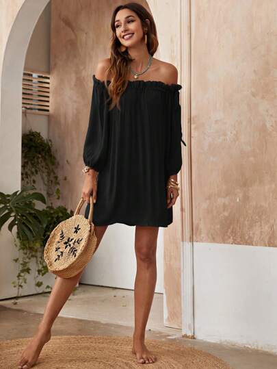 Swim Vcay 一字肩褶邊罩衫連衣裙