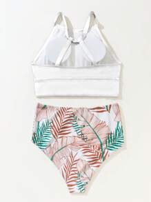 SHEIN Swim Summer Beach Tropical Print High Waisted Bikini Set - White - View 2