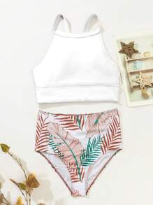SHEIN Swim Summer Beach Tropical Print High Waisted Bikini Set - White - View 3