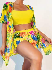 SHEIN Swim Tropical Print Bikini Set With Kimono,Summer Beach