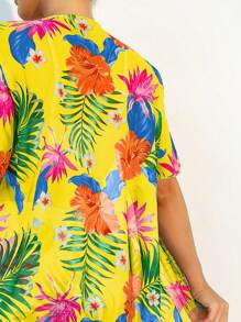 SHEIN Swim Tropical Print Bikini Set With Kimono,Summer Beach