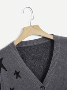 ROMWE Grunge Punk Hình sao Thả vai Áo len Mở - Màu xám đen - Xem 3