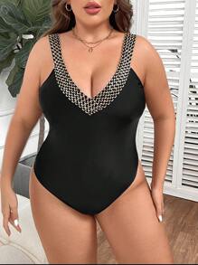SHEIN Swim Curve Summer Beach Plus Contrast Trim One Piece Swimsuit - Black - View 5