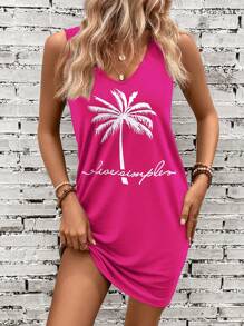 SHEIN LUNE Coconut Tree Print Tank Dress - Hot Pink - View 5