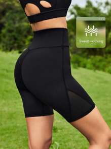 Easithlete 嵌入網紗寬腰帶騎行褲 - 黑色 - 查看 1