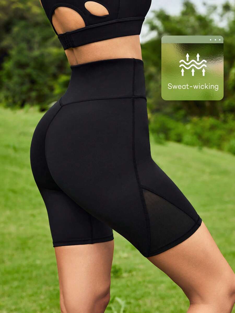 Easithlete 嵌入網紗寬腰帶騎行褲 - 黑色 - 查看 1