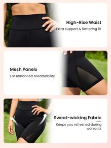 Easithlete 嵌入網紗寬腰帶騎行褲 - 黑色 - 查看 3