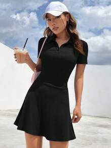 SHEIN EZwear 素色Polo領A字洋裝 - 黑色 - 查看 1