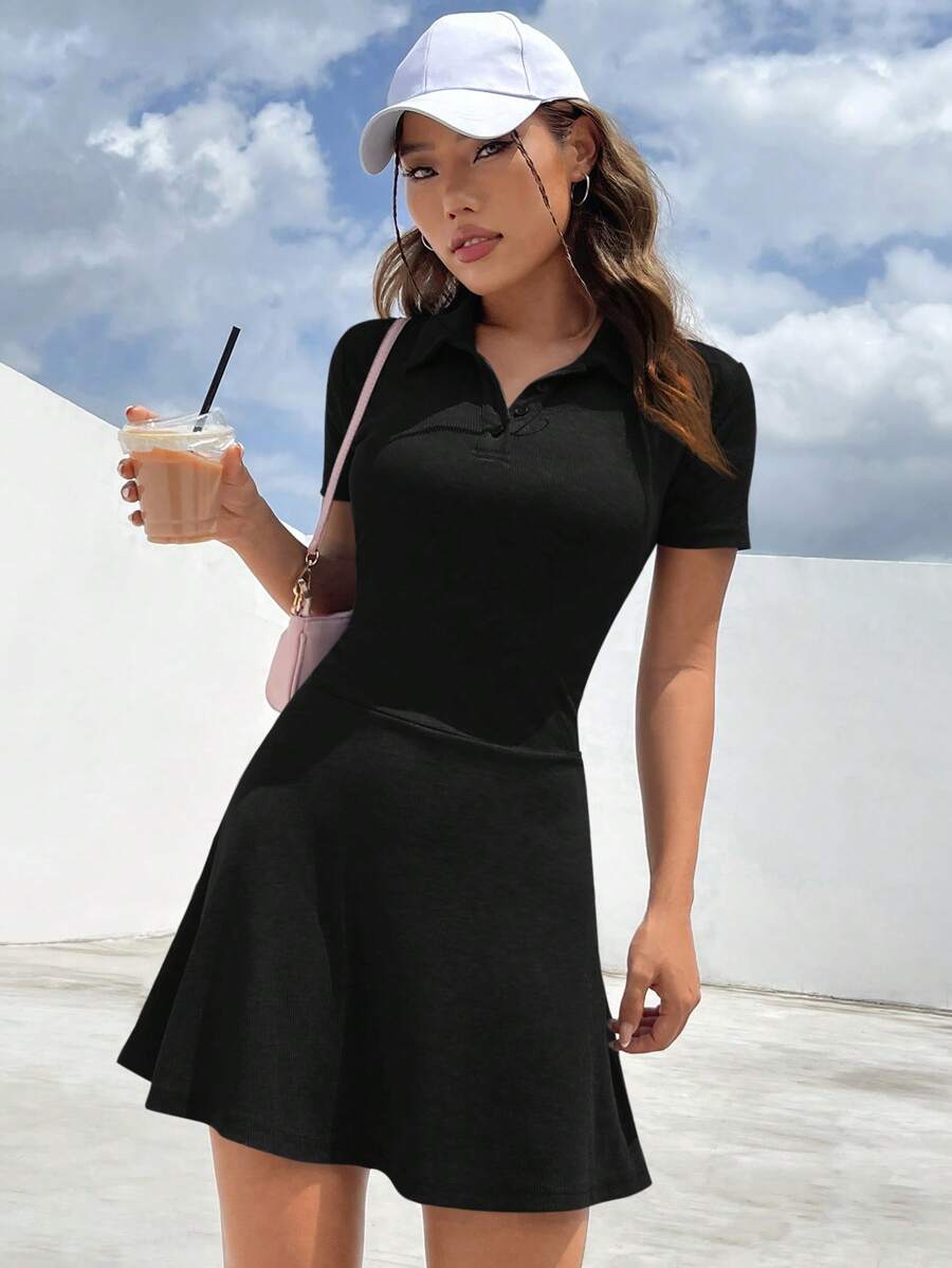 SHEIN EZwear 素色Polo領A字洋裝 - 黑色 - 查看 1