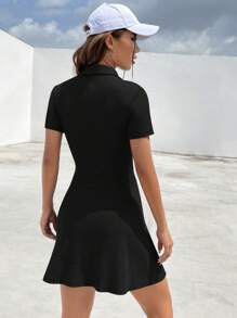 SHEIN EZwear 素色Polo領A字洋裝 - 黑色 - 查看 2