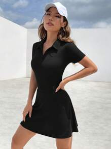 SHEIN EZwear 素色Polo領A字洋裝 - 黑色 - 查看 5