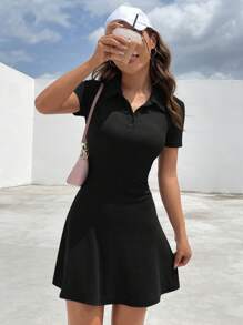 SHEIN EZwear 素色Polo領A字洋裝 - 黑色 - 查看 7