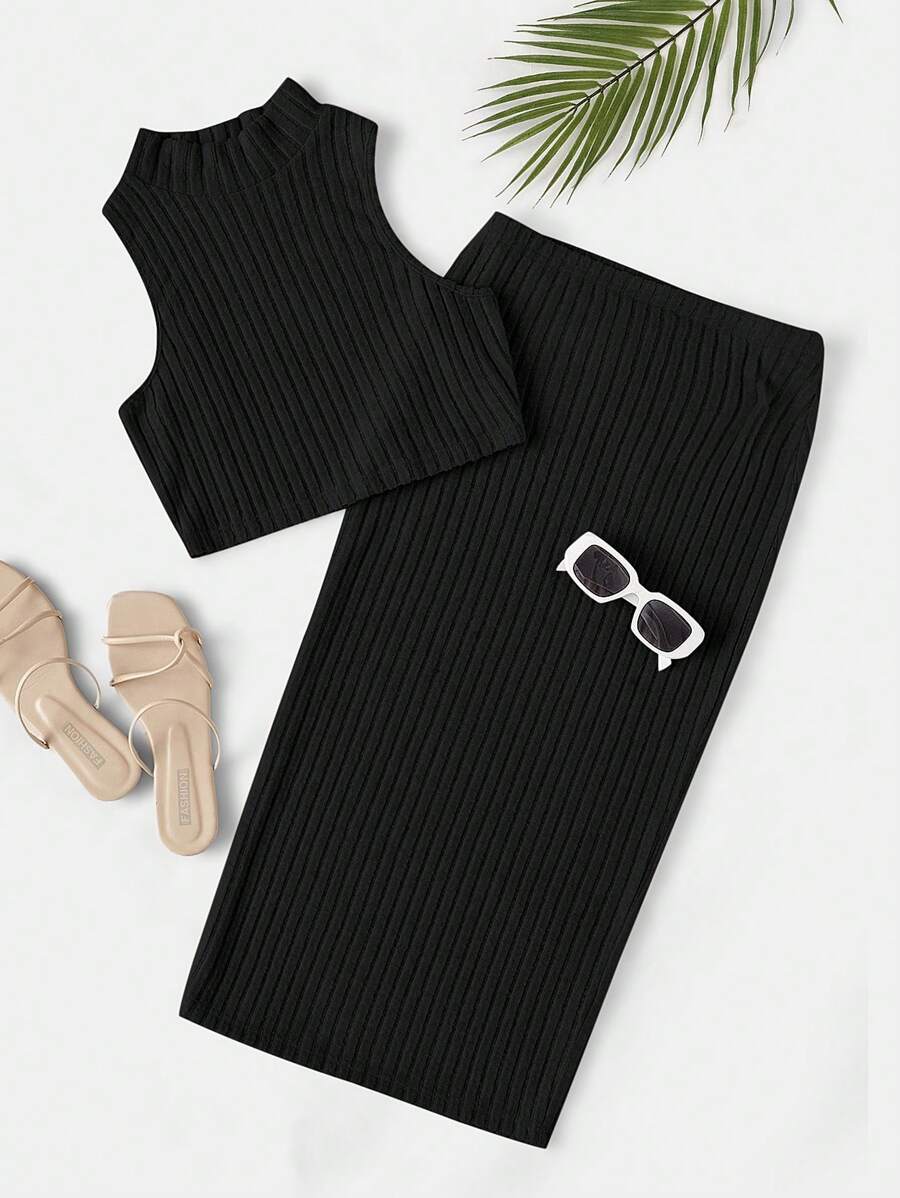 SHEIN EZwear À Col Montant Top Sans Manches & Jupe