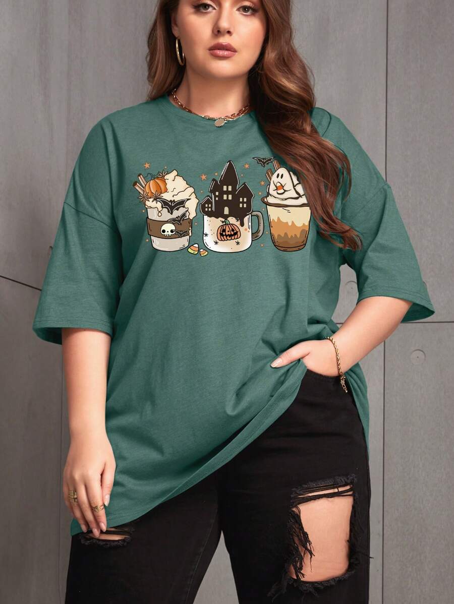 SHEIN EZwear 大码卡通图案落肩 T 恤 - 墨綠色 - 查看 1