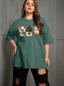 SHEIN EZwear 大码卡通图案落肩 T 恤 - 墨綠色 - 查看 4