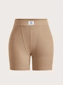 SHEIN EZwear 字母補丁細節騎行褲 - 卡其色 - 查看 1