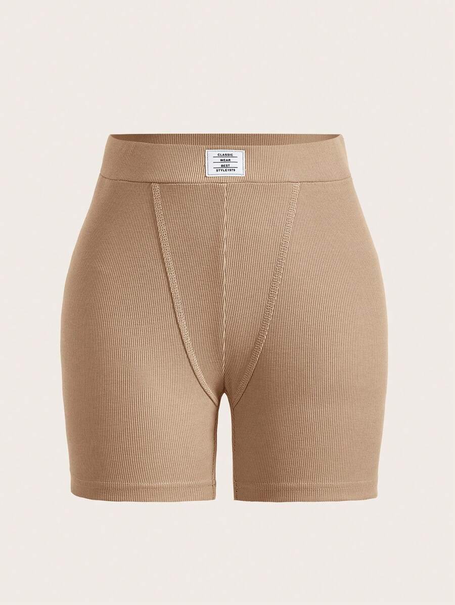 SHEIN EZwear 字母補丁細節騎行褲 - 卡其色 - 查看 1