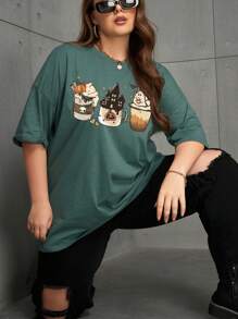 SHEIN EZwear 大码卡通图案落肩 T 恤 - 墨綠色 - 查看 5