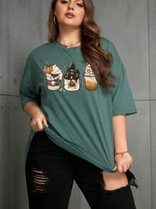 SHEIN EZwear 大码卡通图案落肩 T 恤 - 墨綠色 - 查看 6