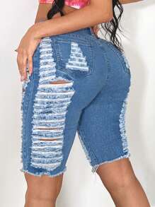 SHEIN SXY Quần short denim với các đường viền thô rách - Rửa trung bình - Xem 2