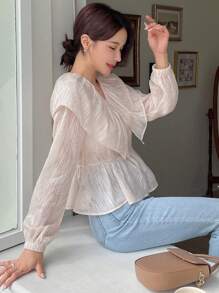 DAZY Lantern Sleeve Peplum Blouse,Ruffle Long Sleeve Top